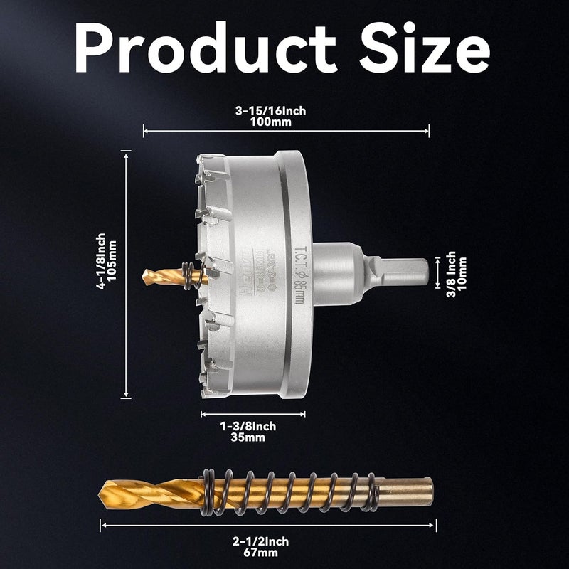 Henvo Hole Saw 3-3/8" (85mm) Heavy Duty Carbide with 2 Pilot Drill Bits - Metal Hole Cutter Cuts Stainless Steel, Iron, Copper, Brass, Plastic - Image 2